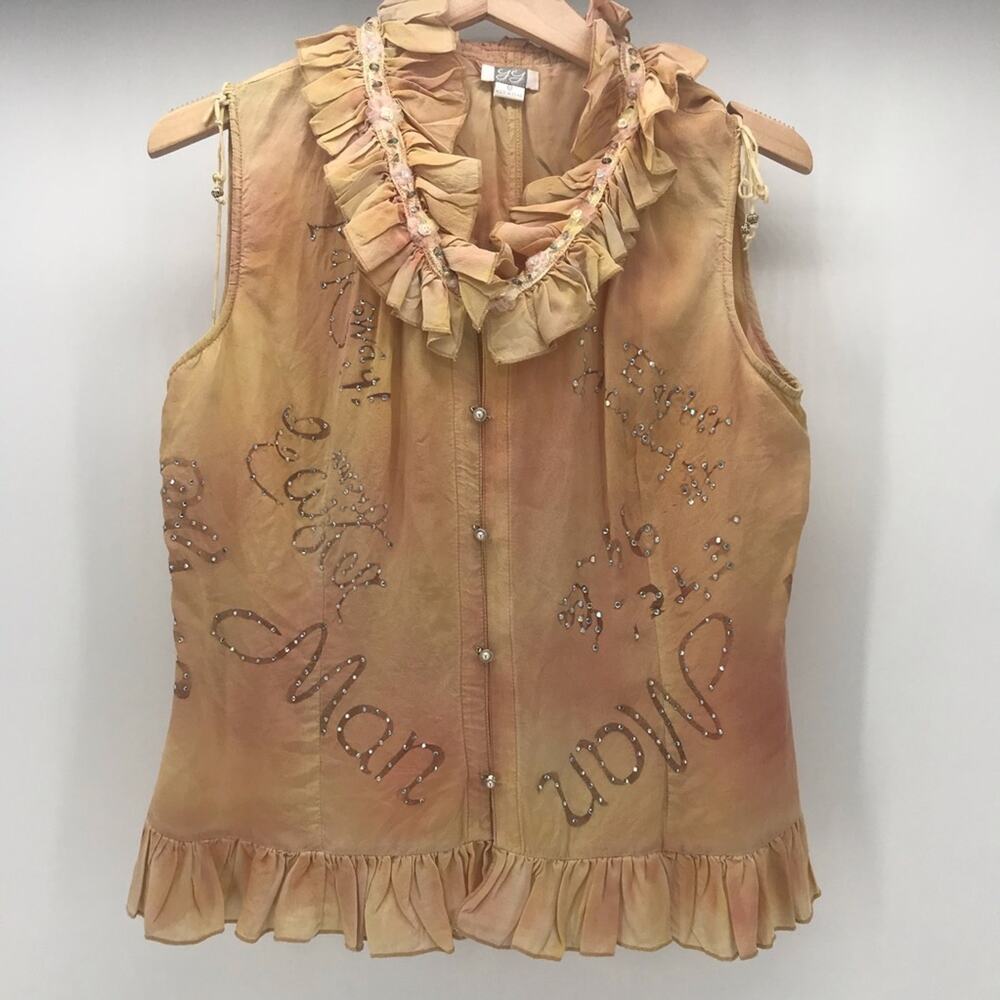 YY Silk Top Vest Womens Large Tan Crystal Sleeveless Ruffle Pearl Closure